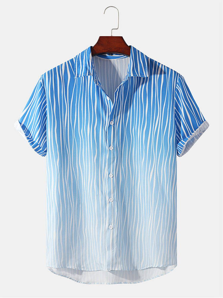 Mens Ombre Wave Striped Lapel Short Sleeve Holiday Shirt
