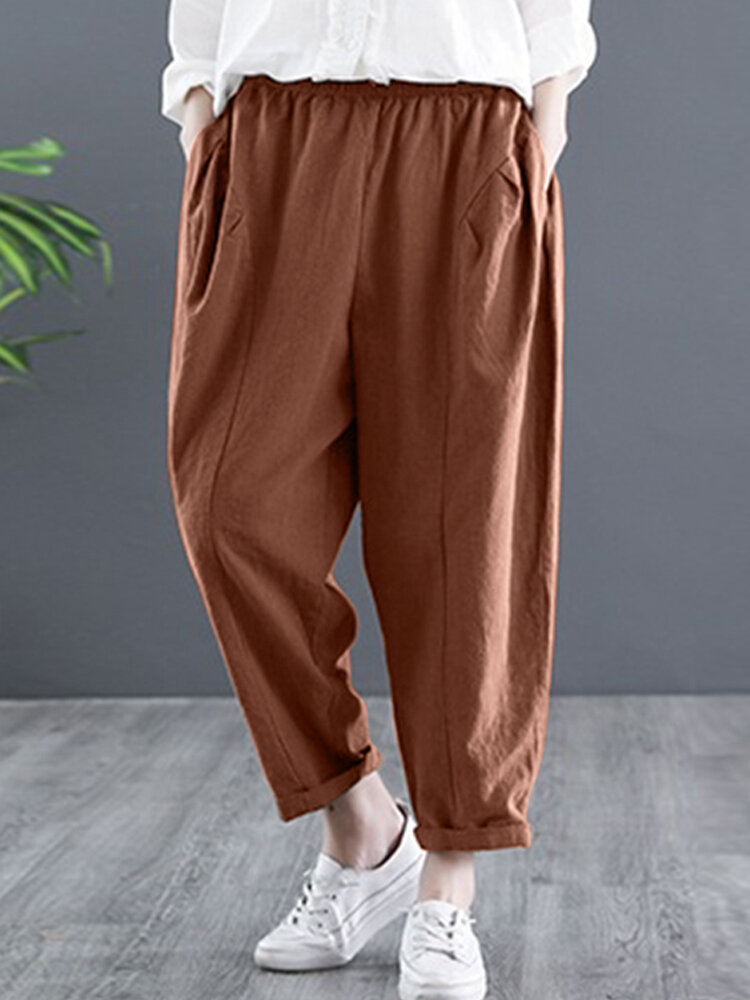 

Solid Color Casual Elastic Waist Loose Cotton Harem Pants, Khaki