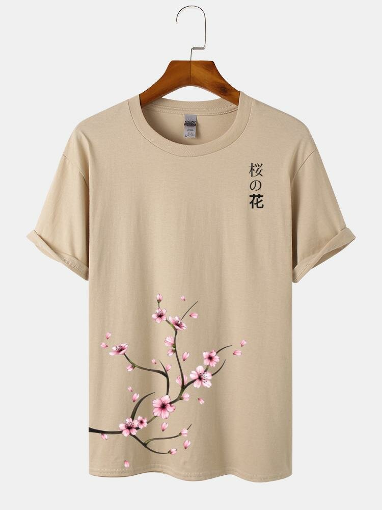 Mens Cherry Blossoms Print Japanese Style Cotton Short Sleeve T-Shirts
