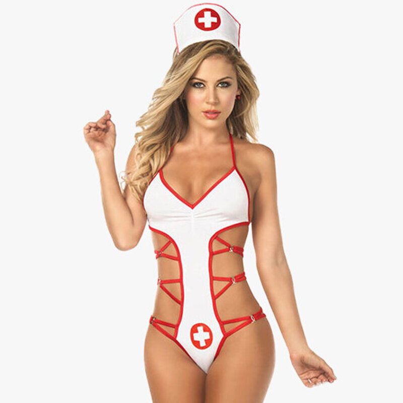 

Women Sexy Costumes Hollow Halter Hospital Services Uniform With Hat, White