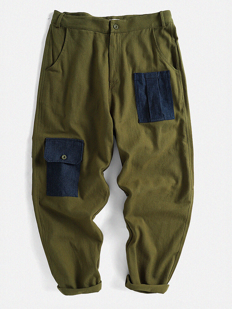 

Mens 100% Cotton Patchwork Pocket Detail Zipper Fly Casual Pants, Green