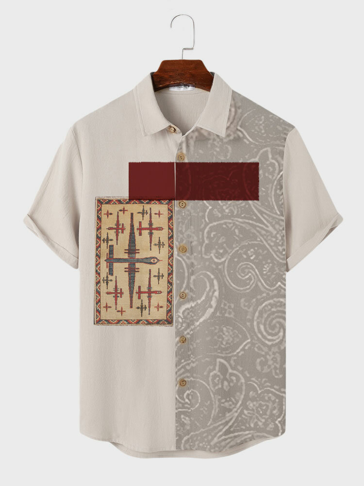 Camisas masculinas étnicas com estampa Paisley patchwork lapela manga curta