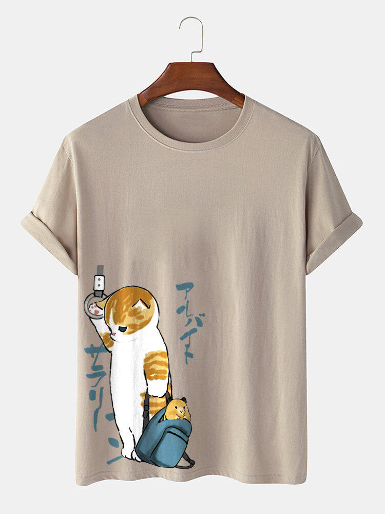 Mens Japanese Style Cat Print Crew Neck Cotton Short Sleeve T Shirts