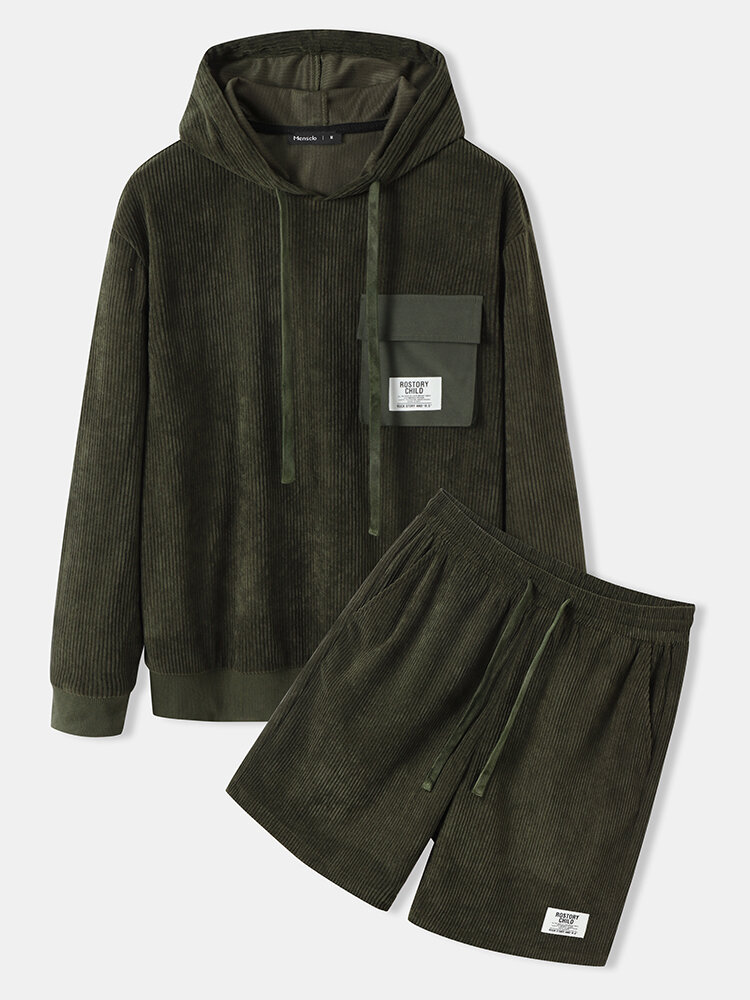 

Mens Flap Pocket Applique Hoodie Corduroy Two Pieces Outfits With Shorts, Army green