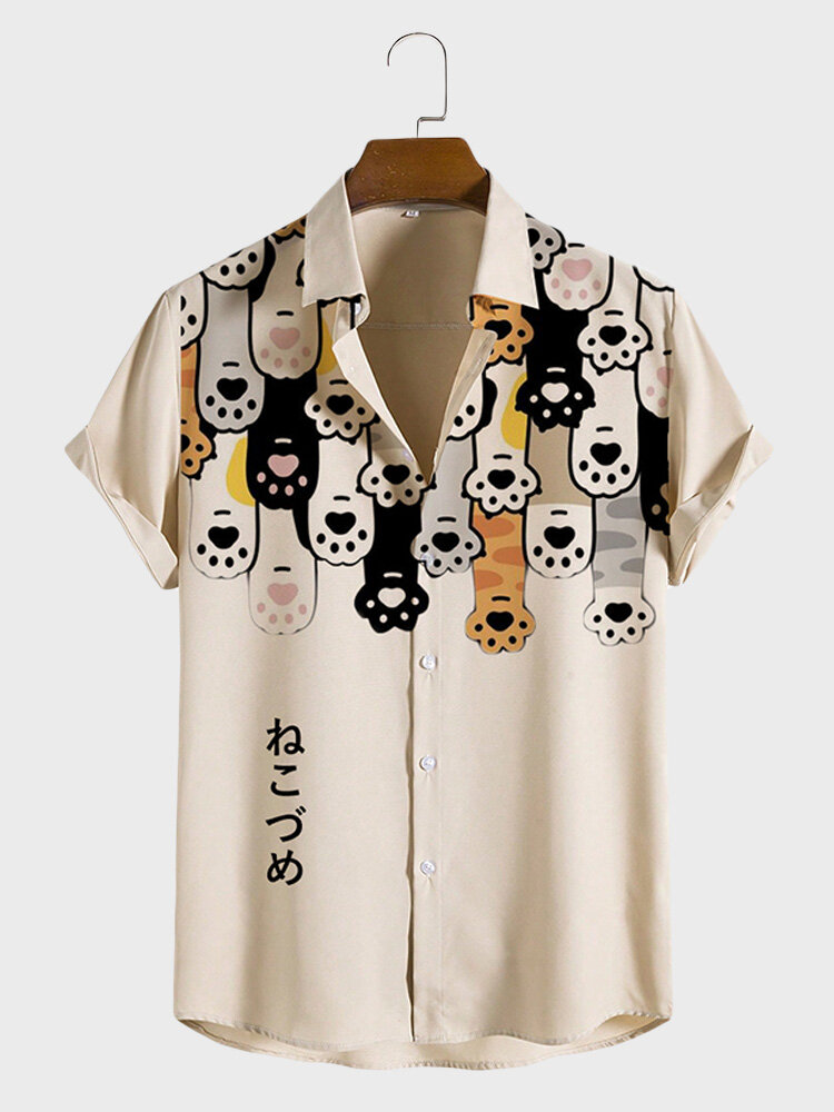 Mens Cartoon Cat Claw Japanese Print Lapel Short Sleeve Shirts