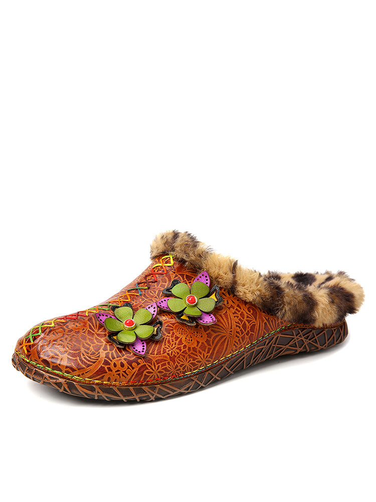 Socofy Floral Decor Genuine Leather Soft Comfy Warm Fuzzy Casual Stitching Closed Toe Slippers