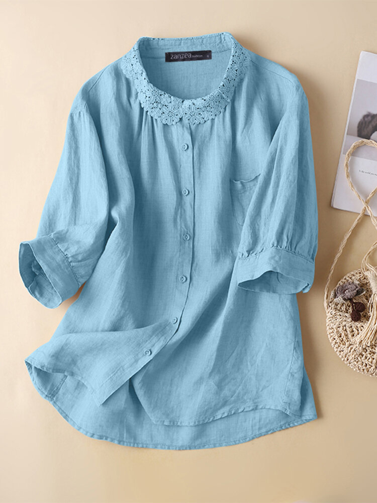Lace Lapel Solid Button Front Half Sleeve Casual Blouse