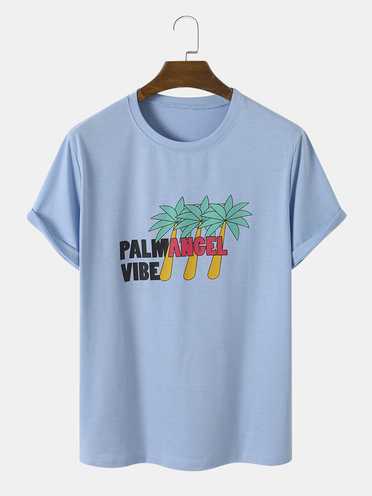 

Men Palm Tree & Letter Print Casual All Matched Skin Friendly Crew Neck T-Shirts, Green;black;blue