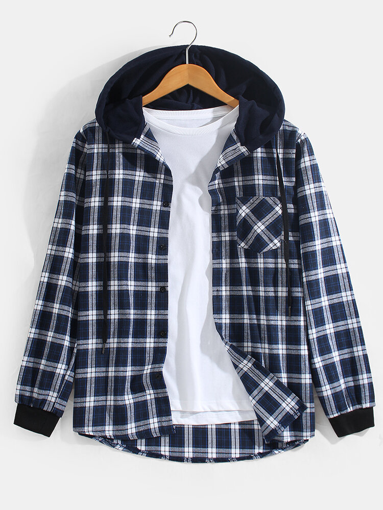 Mens Basic Plaid Print Button Up Casual Hooded Shirts With Pocket