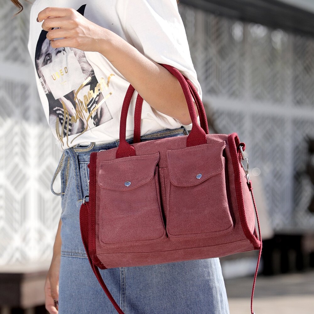 KVKY Front Pockets Tote Handbags Simple Canvas Shoulder Bags Summer Shopping Bags