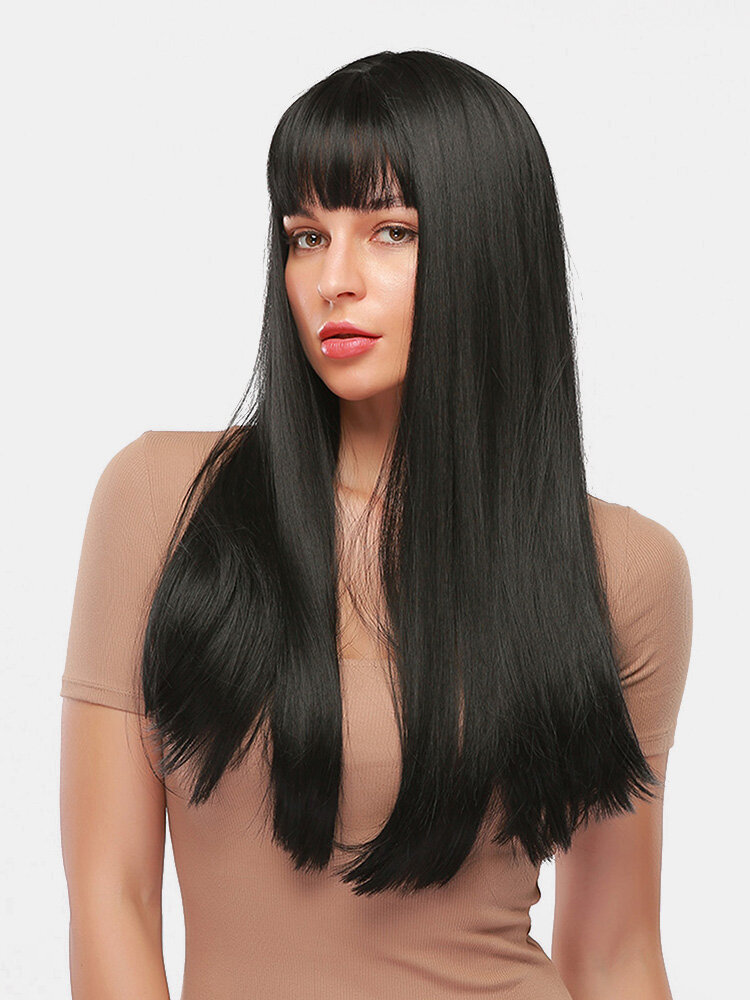 28 Inch Black Long Straight Hair Soft Natural Bangs Chemical Fiber Wig