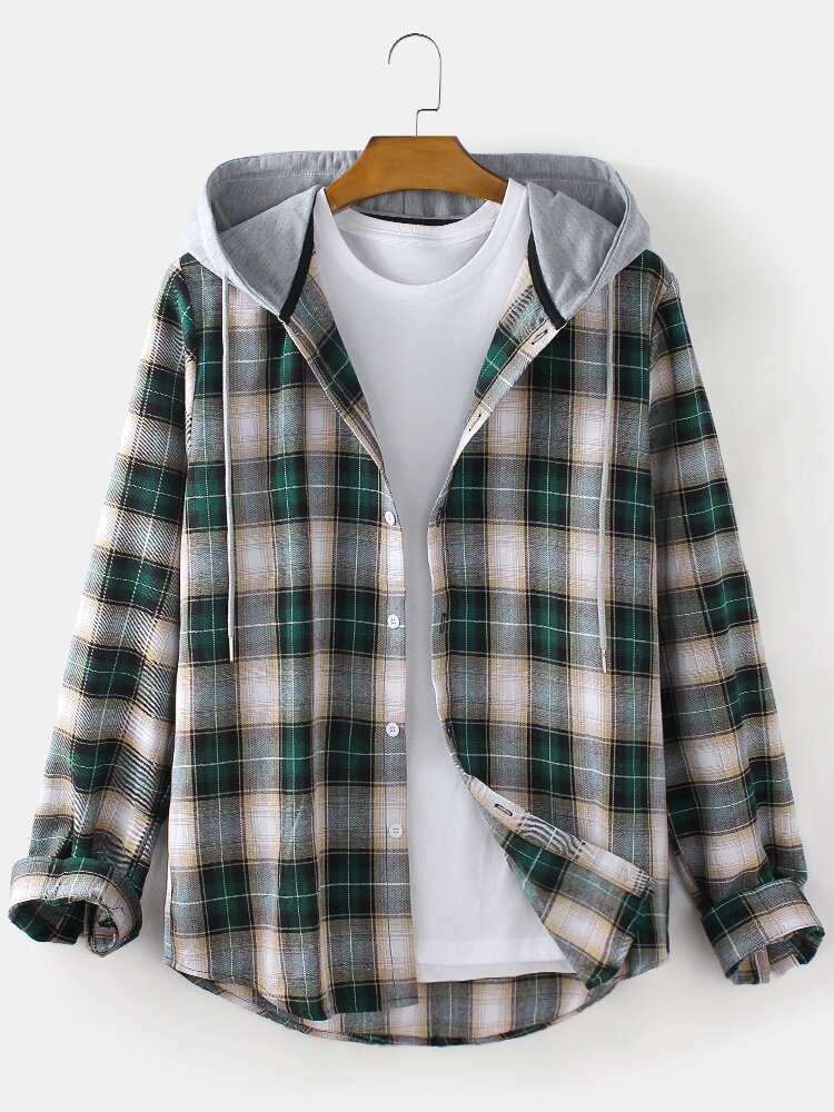 Mens Plaid Button Up Long Sleeve Relaxed Fit Drawstring Hooded Shirts