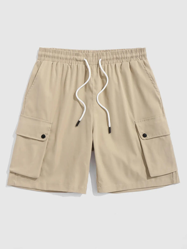 

Mens Solid Flap Pocket Cotton Casual Drawstring Cargo Shorts, Khaki