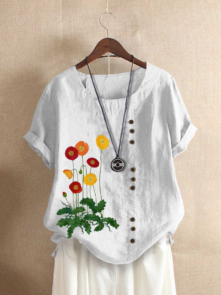 Повседневная футболка с круглым вырезом и короткими рукавами с цветочной вышивкой для Женское