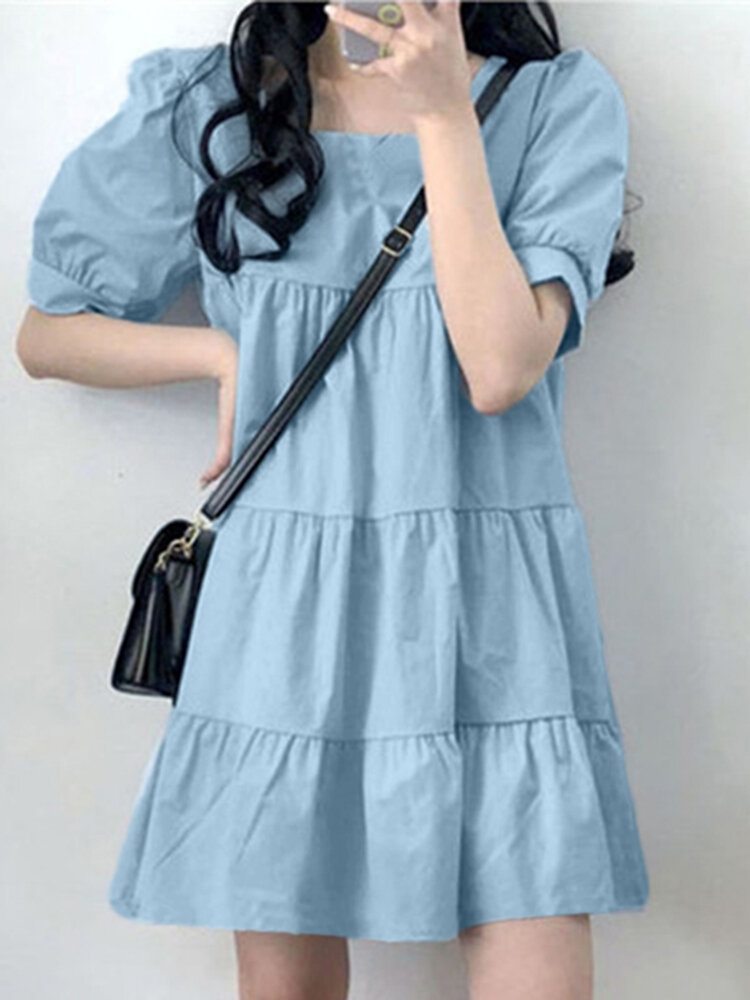 Puff Sleeve Square Collar A-line Solid Casual Dress