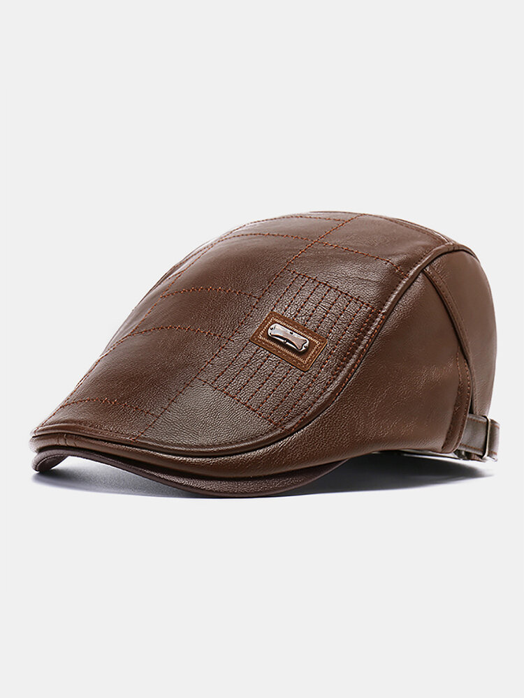COLLROWN Men Faux Leather Solid Color Casual Retro Visor Sun Hat Forward Hat Beret Hat
