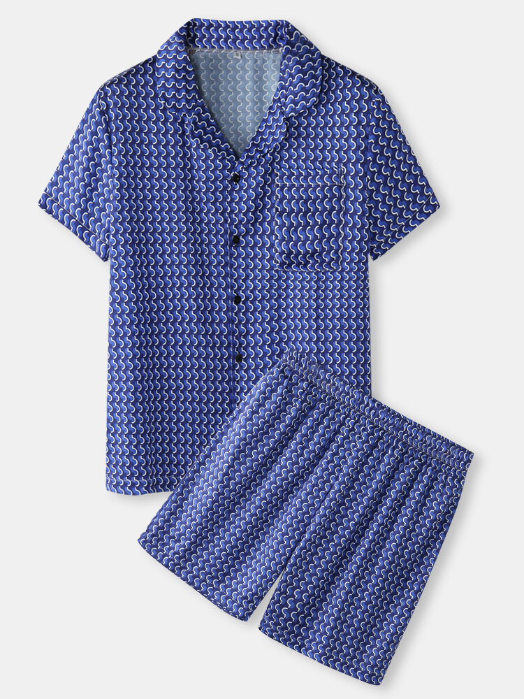 

Satin Geo Print Revere Collar Pajamas, Blue