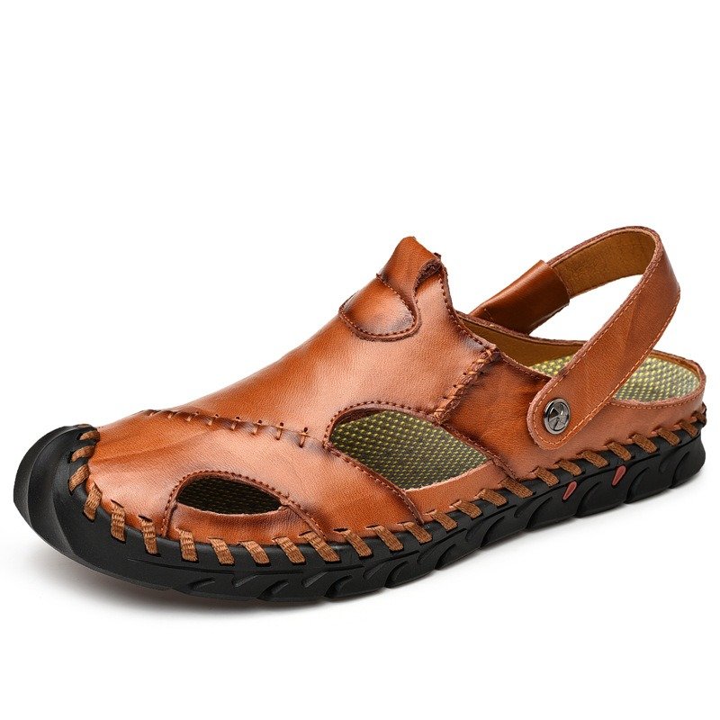 Large Size Men Hand Stithcing Outdoor Soft Non-slip Soft Leather Sandals