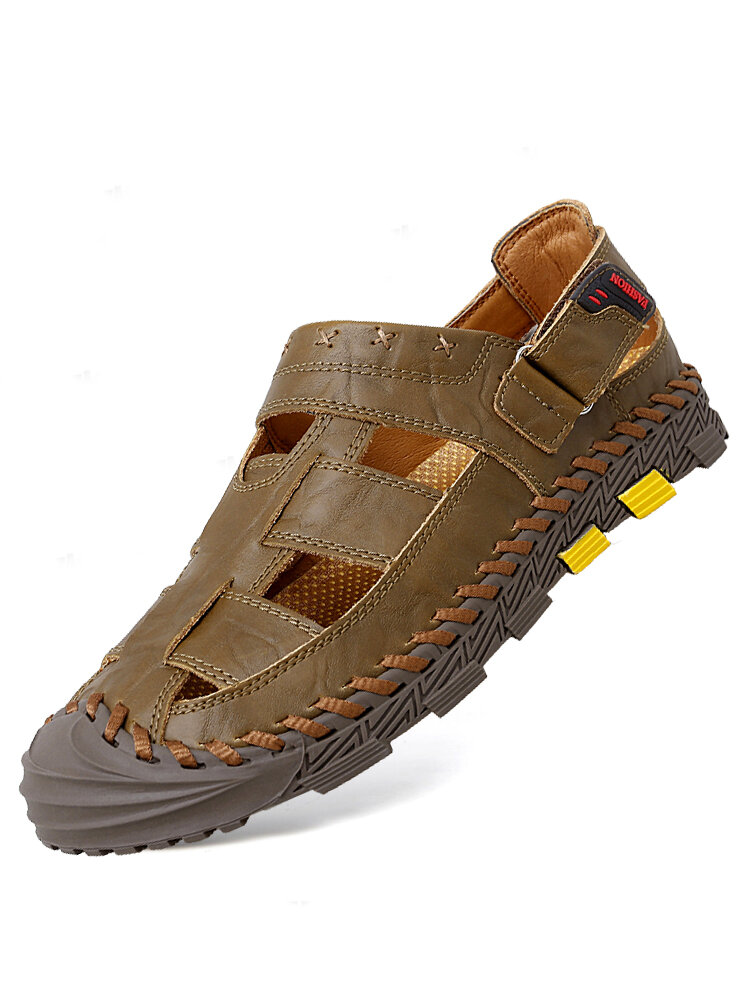 Men Outdoor Cow Split Leather Closed Toe Hand Stitching Sandals