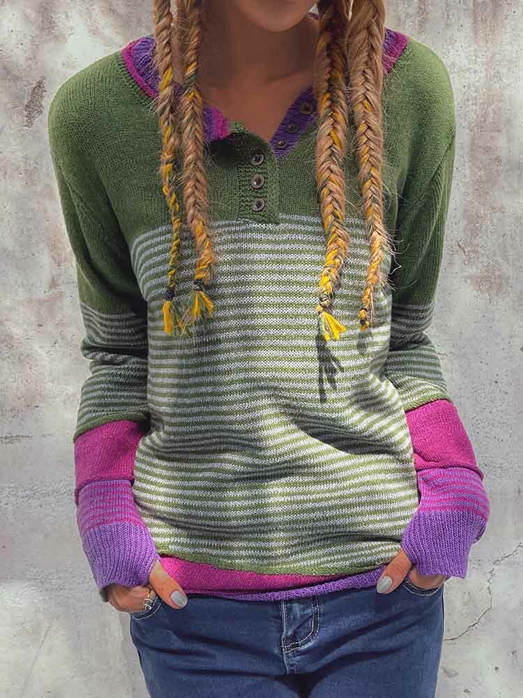Suéter feminino de manga longa com botão listrado e cor contrastante