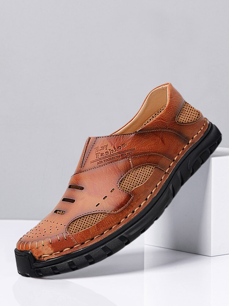 Men Hand Stitching Leather Splicing Non Slip Casual Slip On Shoes