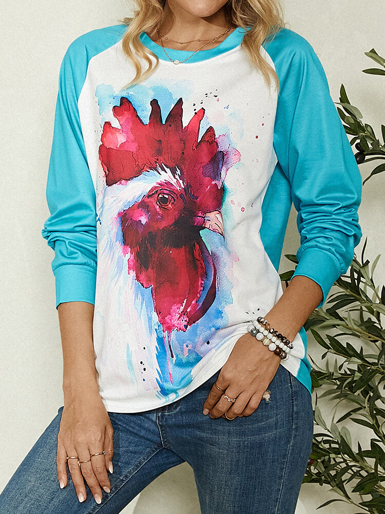 

Rooster Print O-neck Long Sleeve Casual T-shirt for Women, Sky blue