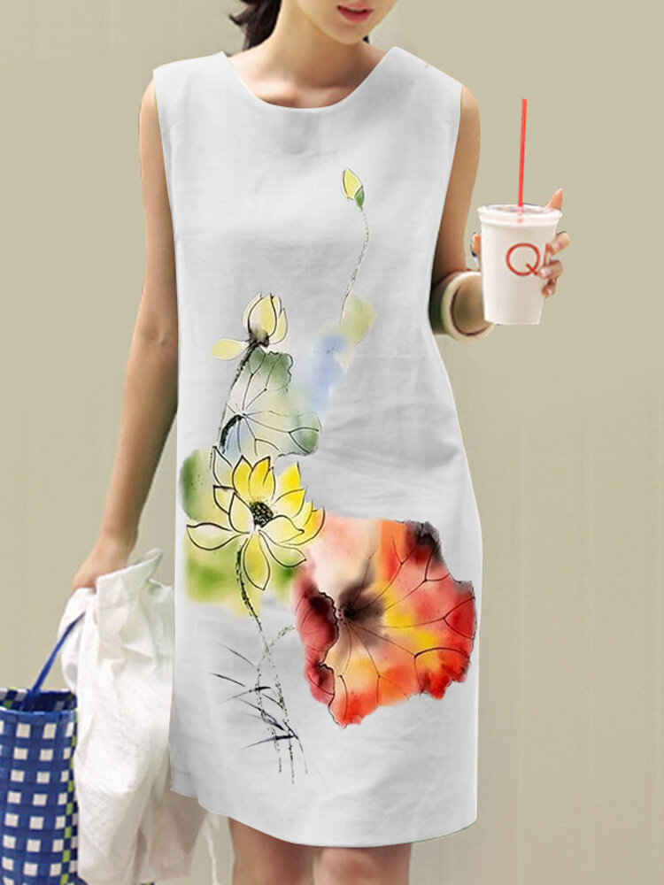 

Women Watercolor Lotus Print Crew Neck Sleeveless Dress, White;yellow;pink;gray