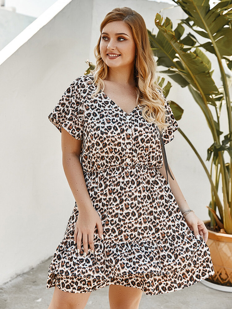 Leopard Print Patchwork Button Plus Size Dress