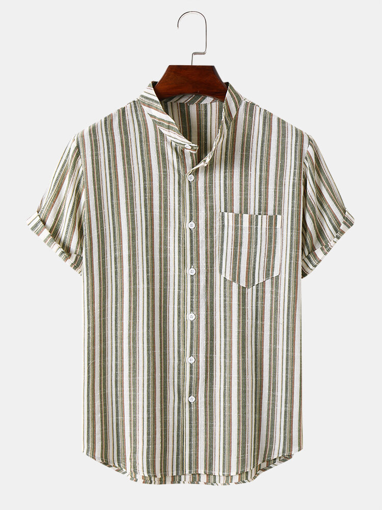 

Mens Vertical Stripe Stand Collar Cotton Short Sleeve Shirts, Green
