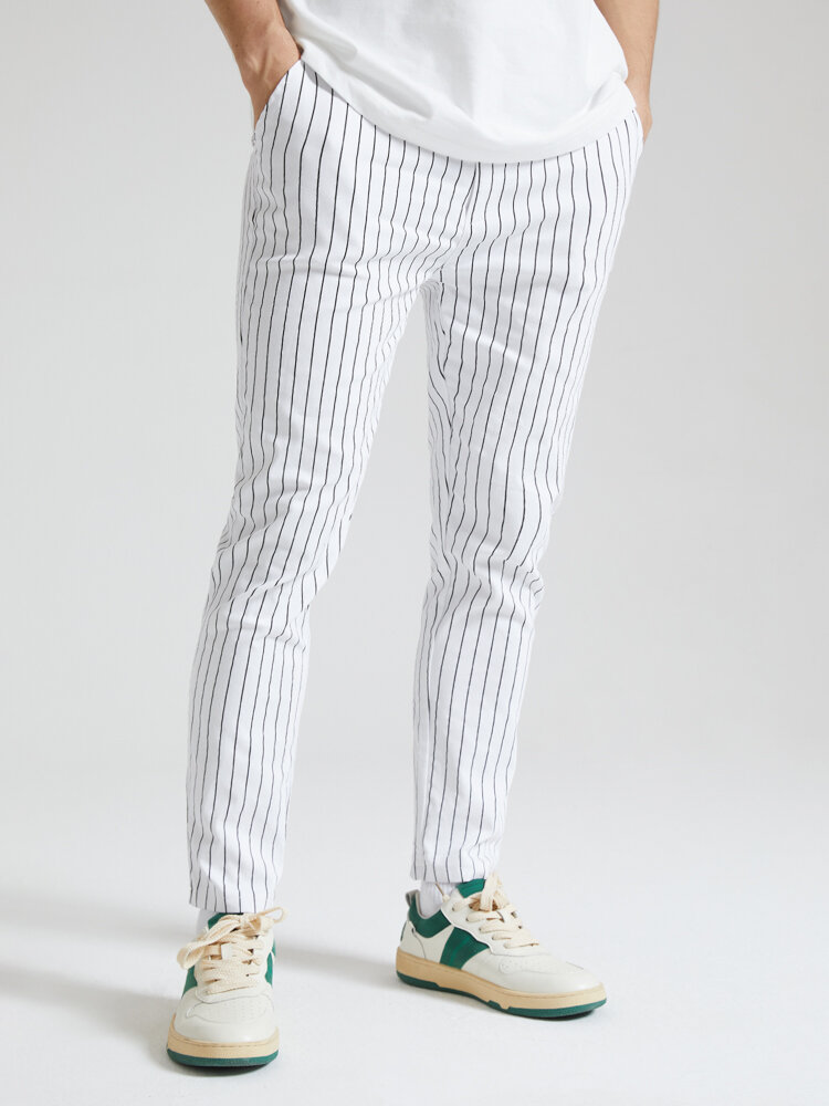 Mens Vertical Stripe Zipper Fly Casual Pants With Pocket