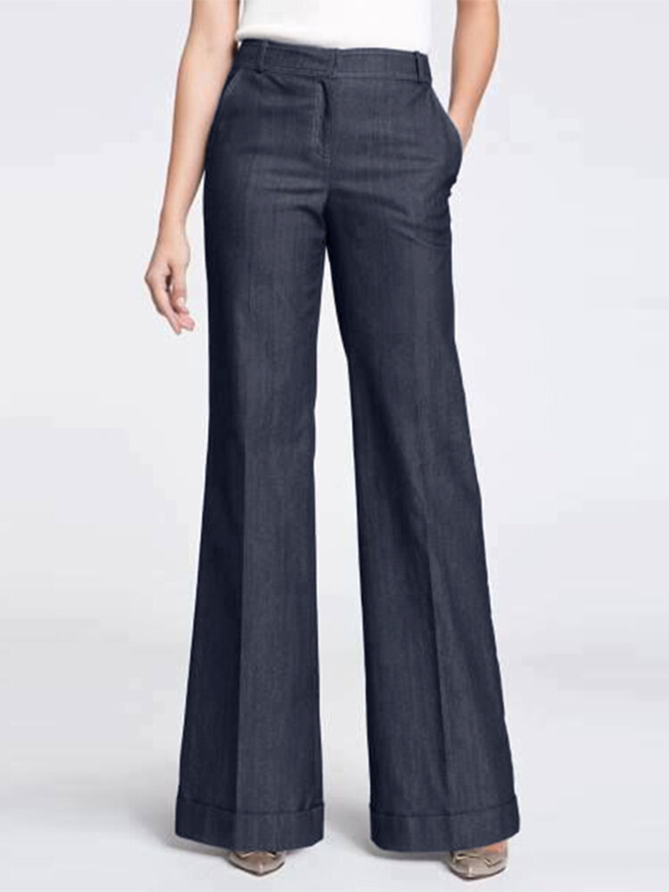 Women Plain Casual Denim Flared Pants With Pocket