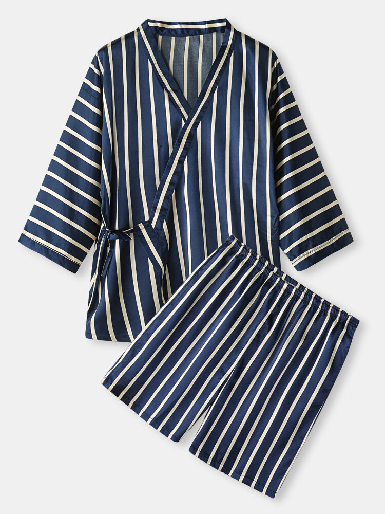 

Mens Plain Striped Homewear Tie Side Kimono Satin Cozy Pajamas Sets, Navy