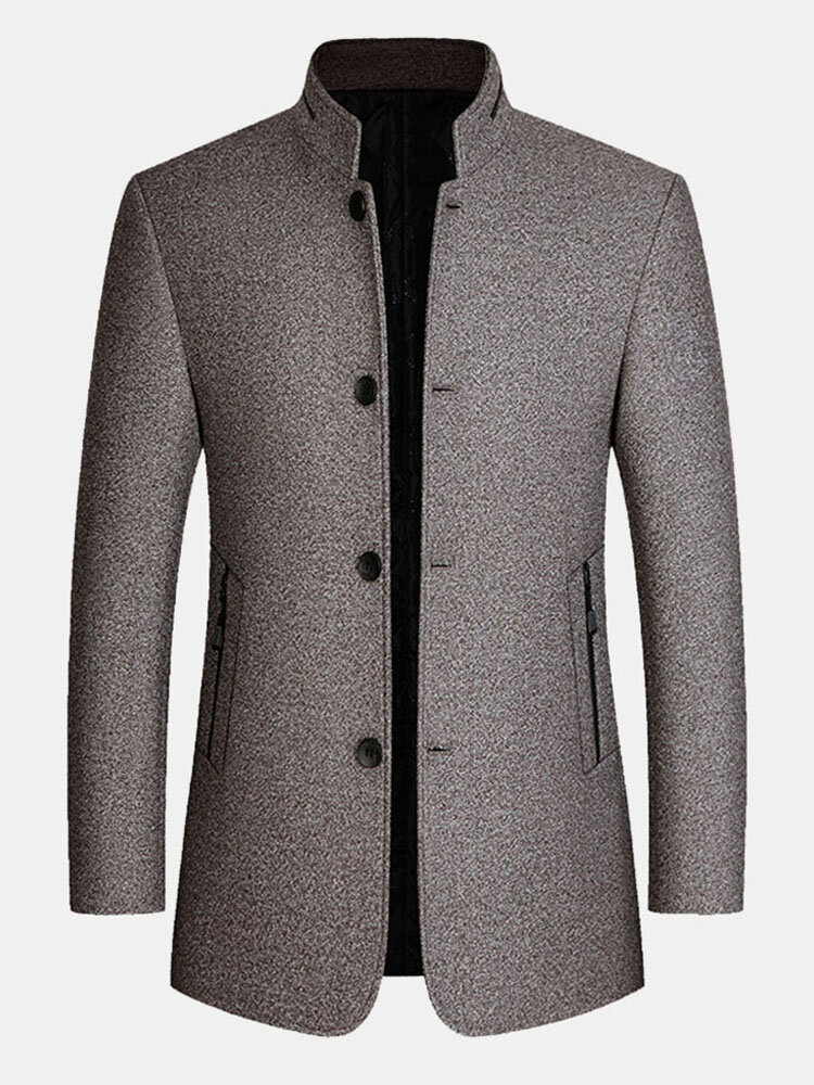 Mens Solid Color Single Breasted Stand Collar Thick Casual Woolen Overcoats