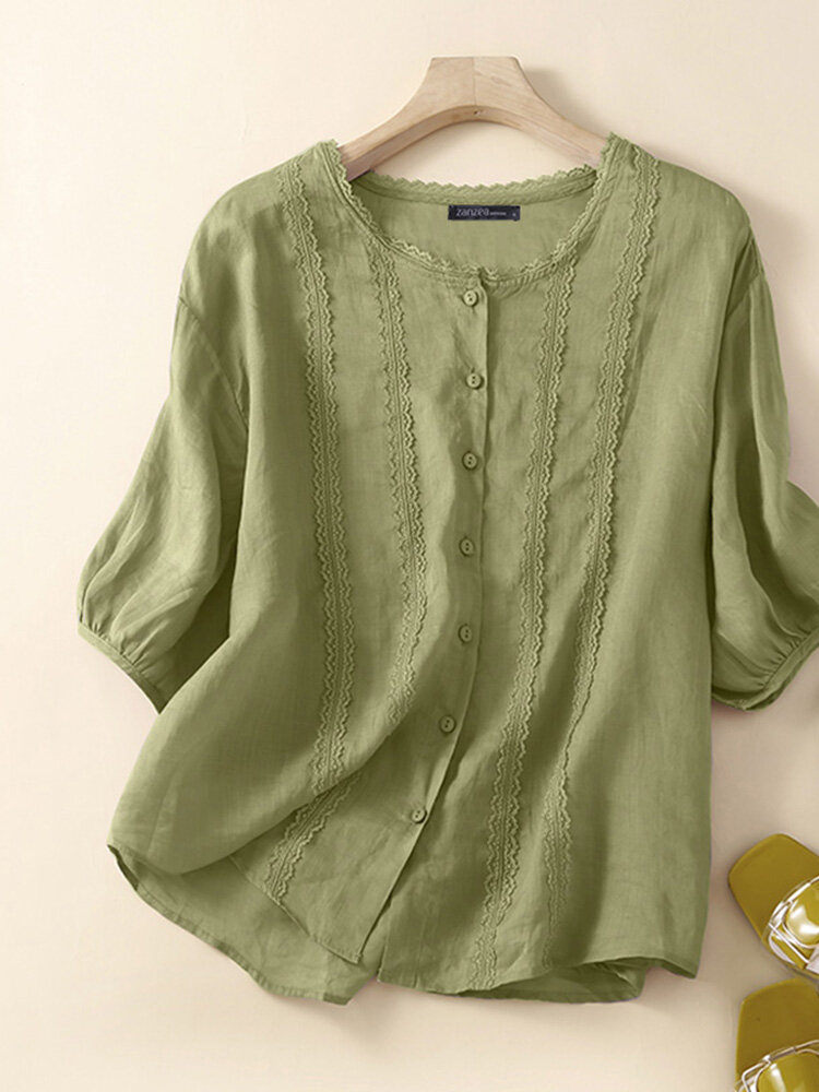 

Women Lace Trim Plain Button Up Cotton 3/4 Sleeve Shirt, Green;purple;dark blue;khaki