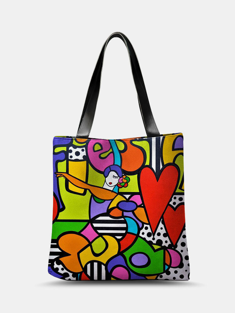 Women PU Leather Colorful Heart Figure Pattern Printed Shoulder Bag Handbag Tote