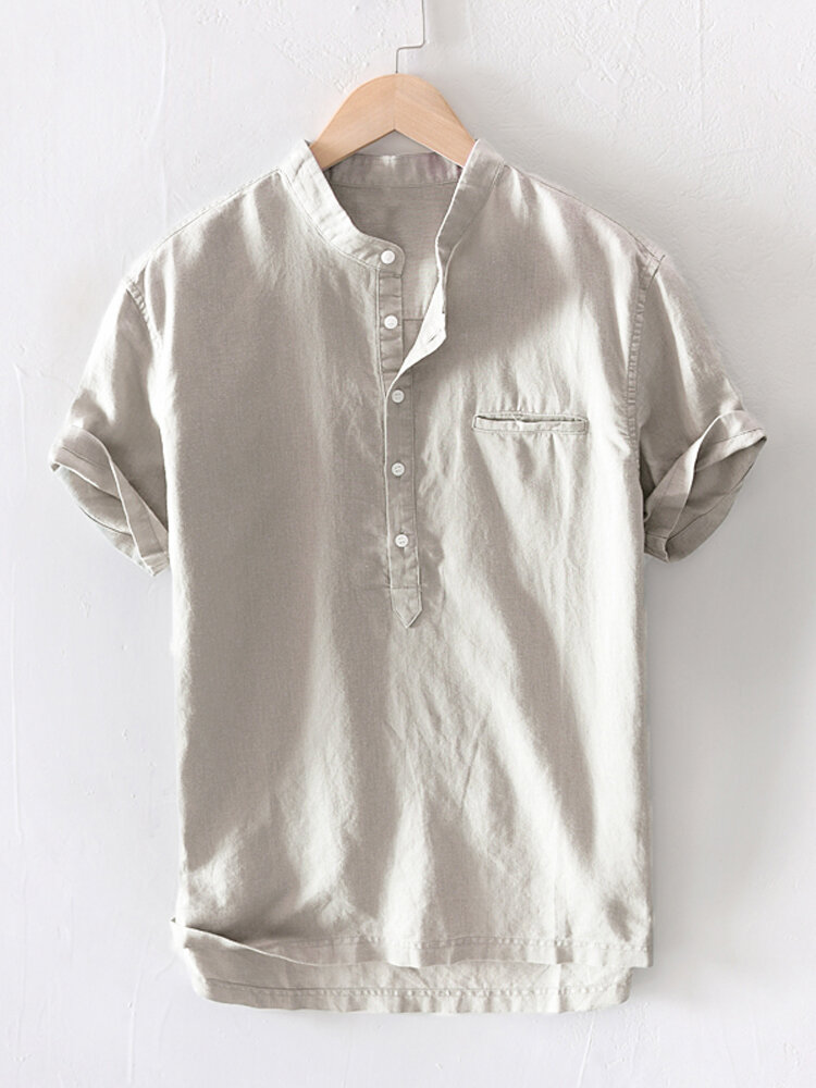 Mens Cotton Linen Stand Collar Slim Fit Short Sleeve Henley Shirt