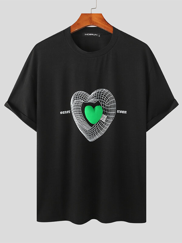 

Mens 3D Heart Patched Crew Neck Short Sleeve T-Shirt, Black;white