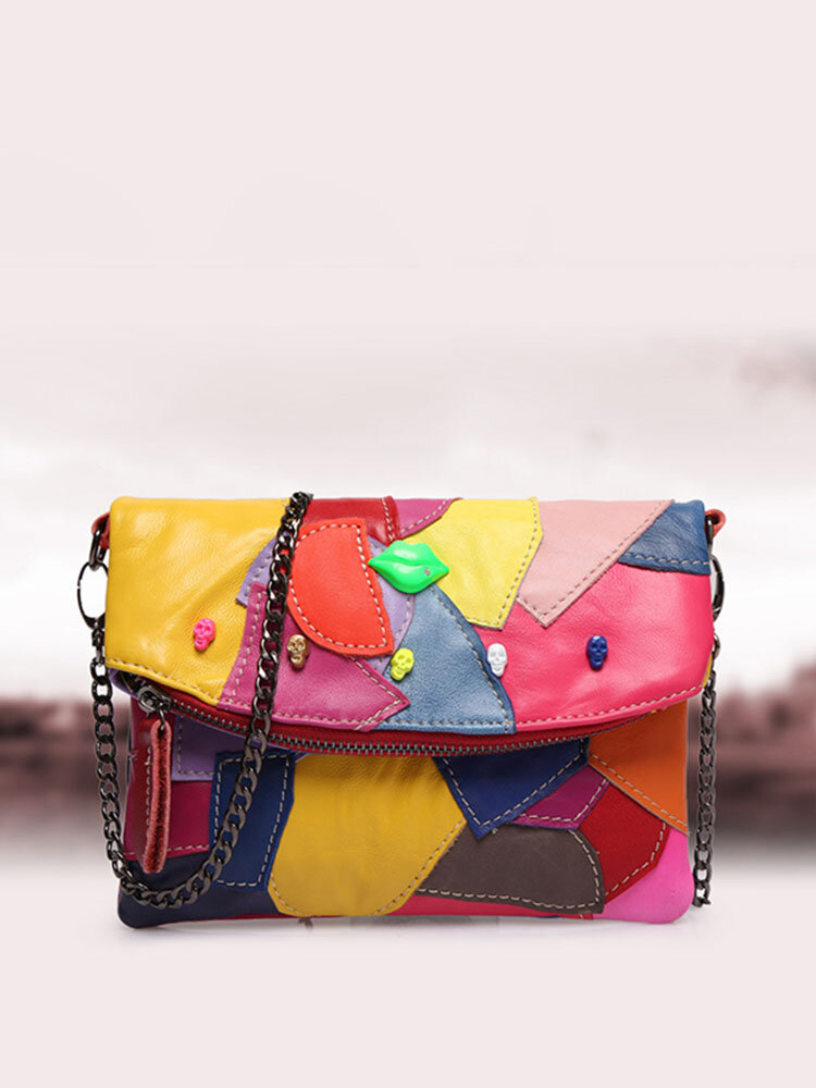 Women Genuine Leather Patchwork Stitching Crossbody Bags Vintage Shoulder Bags