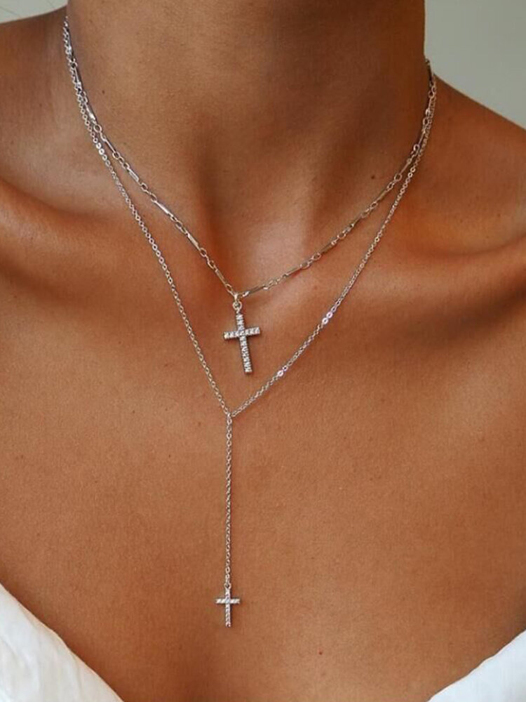 

1 Pcs Alloy Casual Double Layer Cross Pendant Sweater Clavicle Necklace, Silver;gold