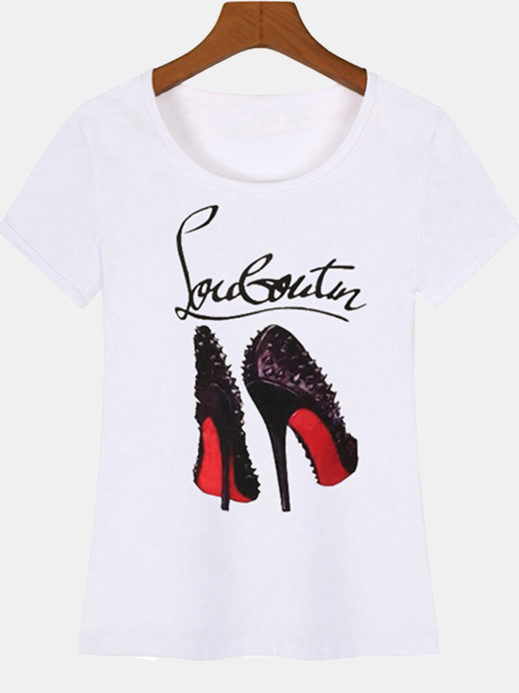 Women High heels Letters Print O-neck Short Sleeve Casual T-Shirt