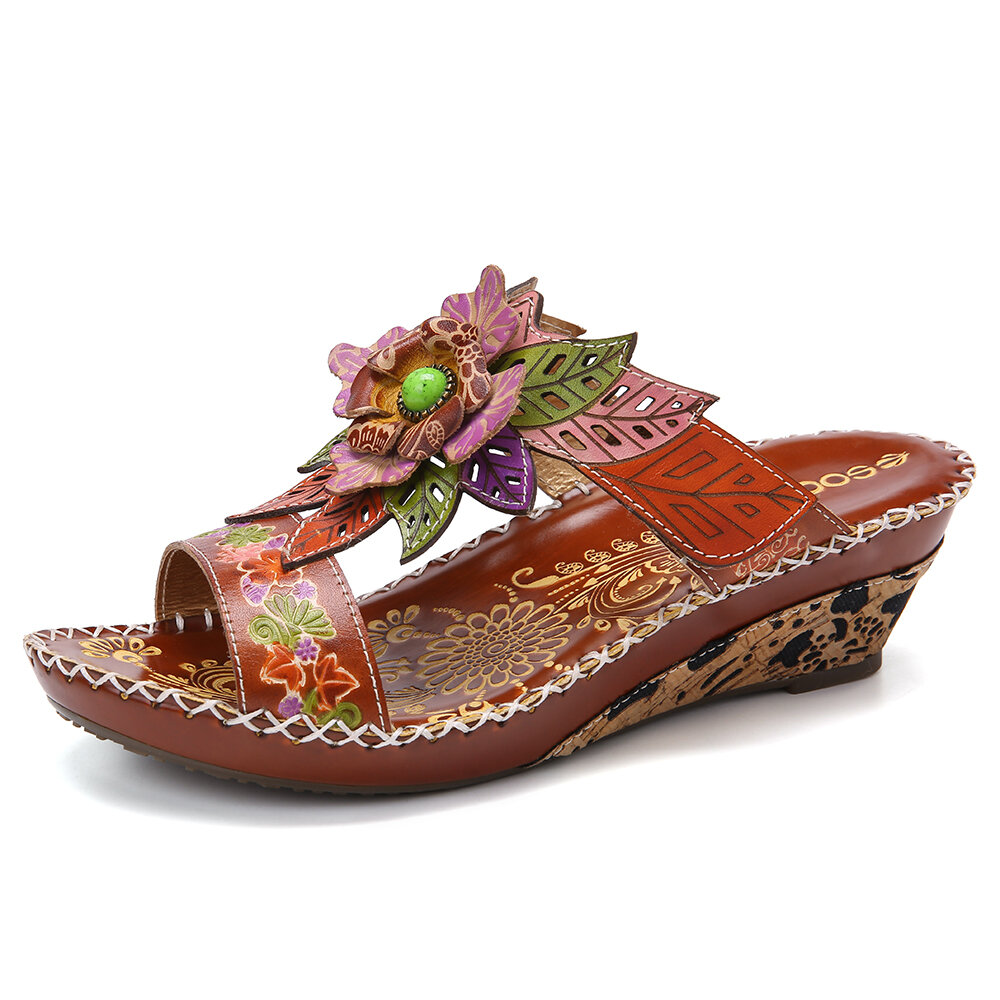 

SOCOFY Bohemia Leather Floral Embossed Adjustable Strap Stitching Slip on Slides Wedge Sandals, Camel