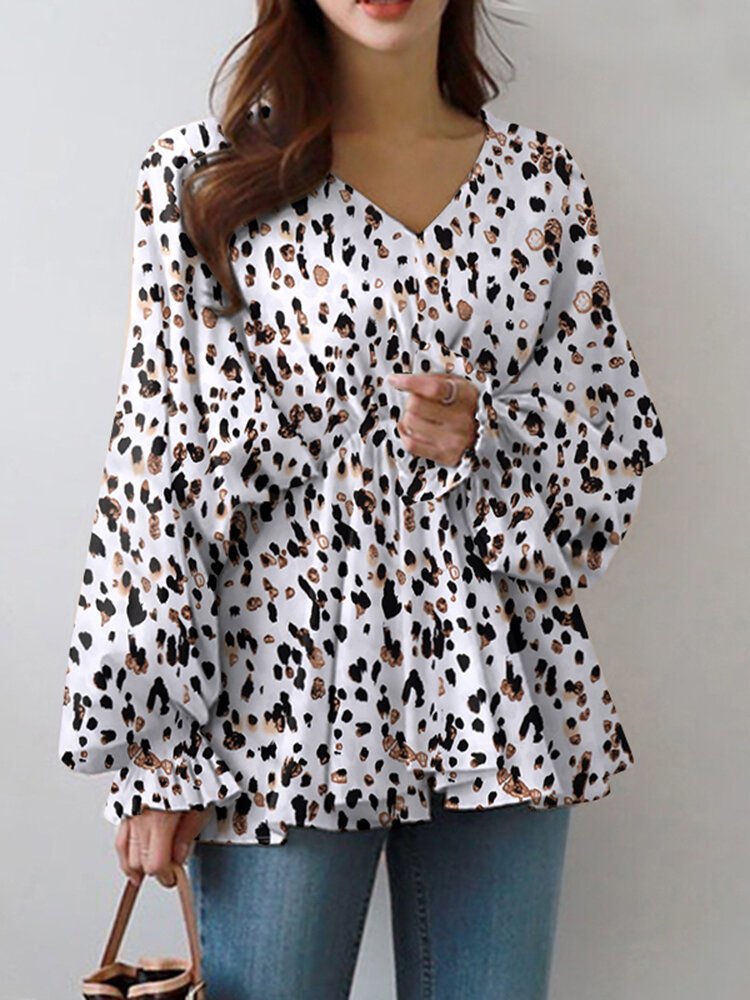 Women Allover Leopard Print V-Neck Long Sleeve Blouse