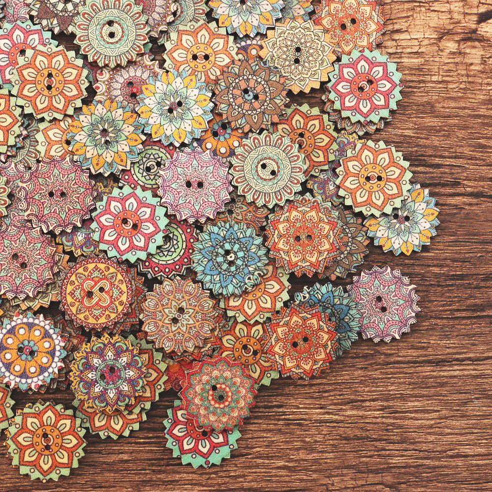 

100 Pcs 20/ Bohemia Style Wooden Sewing Buttons 2 Holes Flower Buttons DIY Hand Crafts Materials
