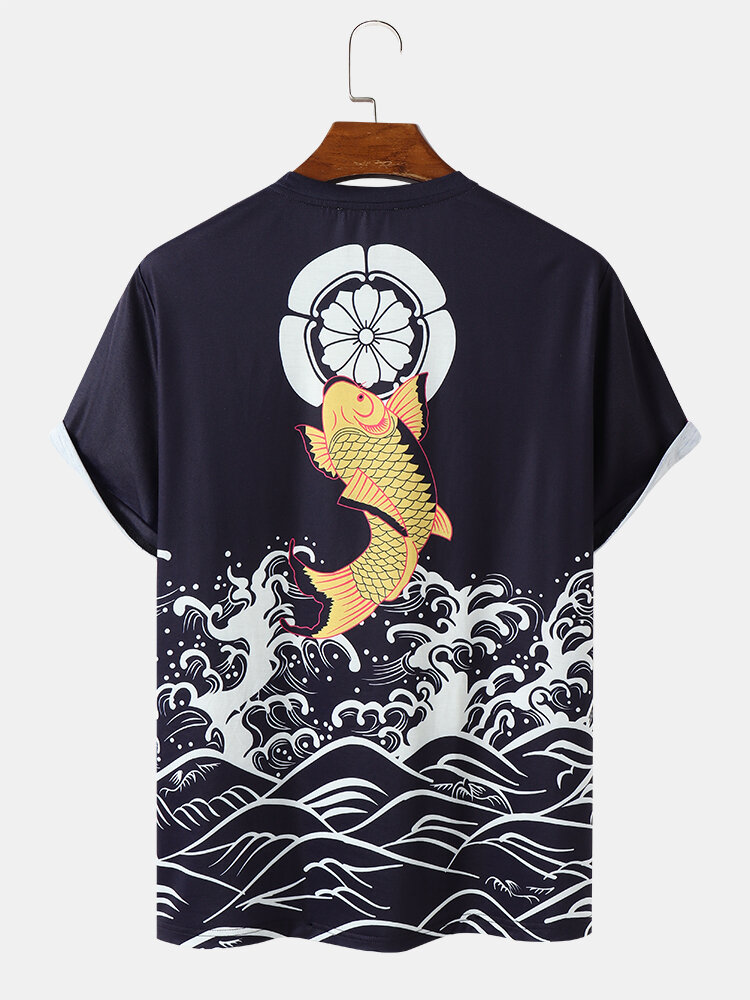

Mens Koi Fish Ocean Print Short Sleeve All Matched T-Shirts, Black