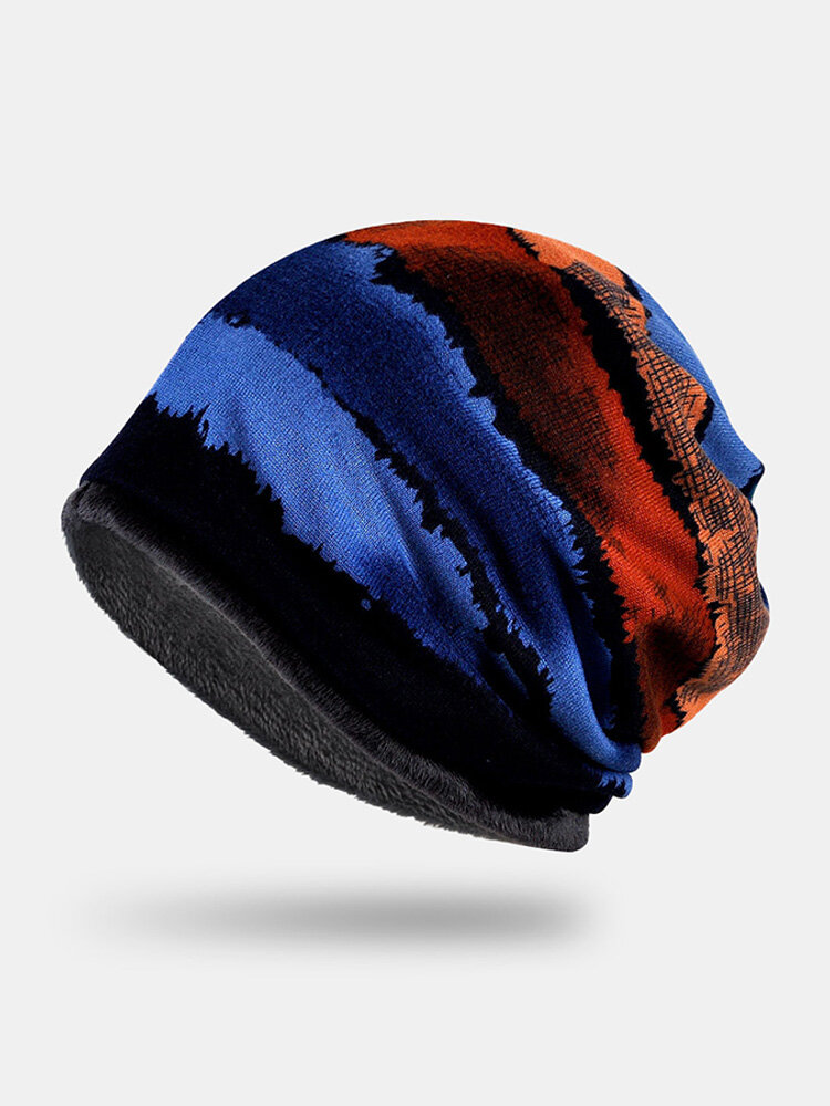 Women Dacron Plus Velvet Dual-use Geometric Stripes Print Warmth Windproof Bib Scarf Beanie Hat