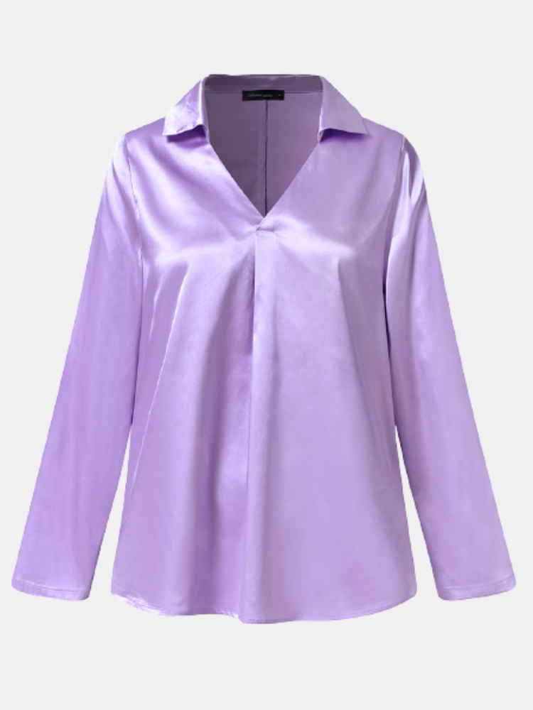 Однотонная повседневная блузка размера Plus с V-образным вырезом и лацканами с длинным рукавом для Женское