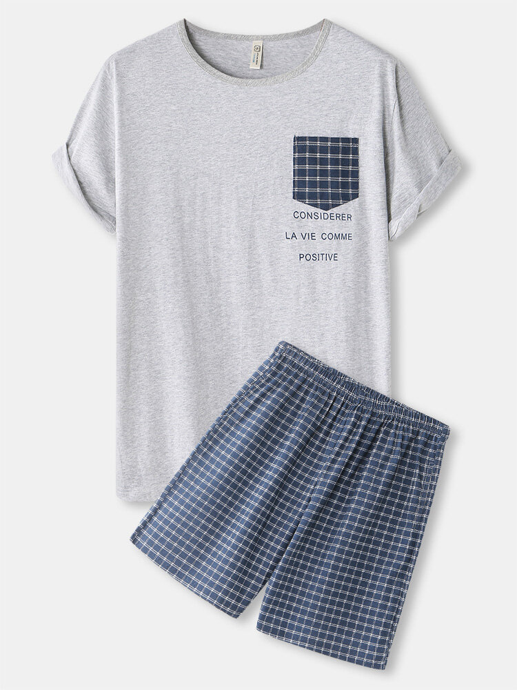 Mens Letter & Plaid Print Cotton Pocket Elastic Waist Home Pajama Sets
