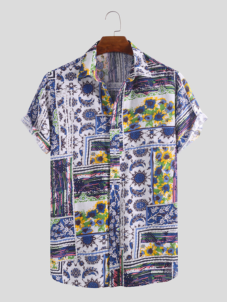 Mens Cotton Linen Ethnic Floral Printed Turn-down Collar Short Sleeve Shirts