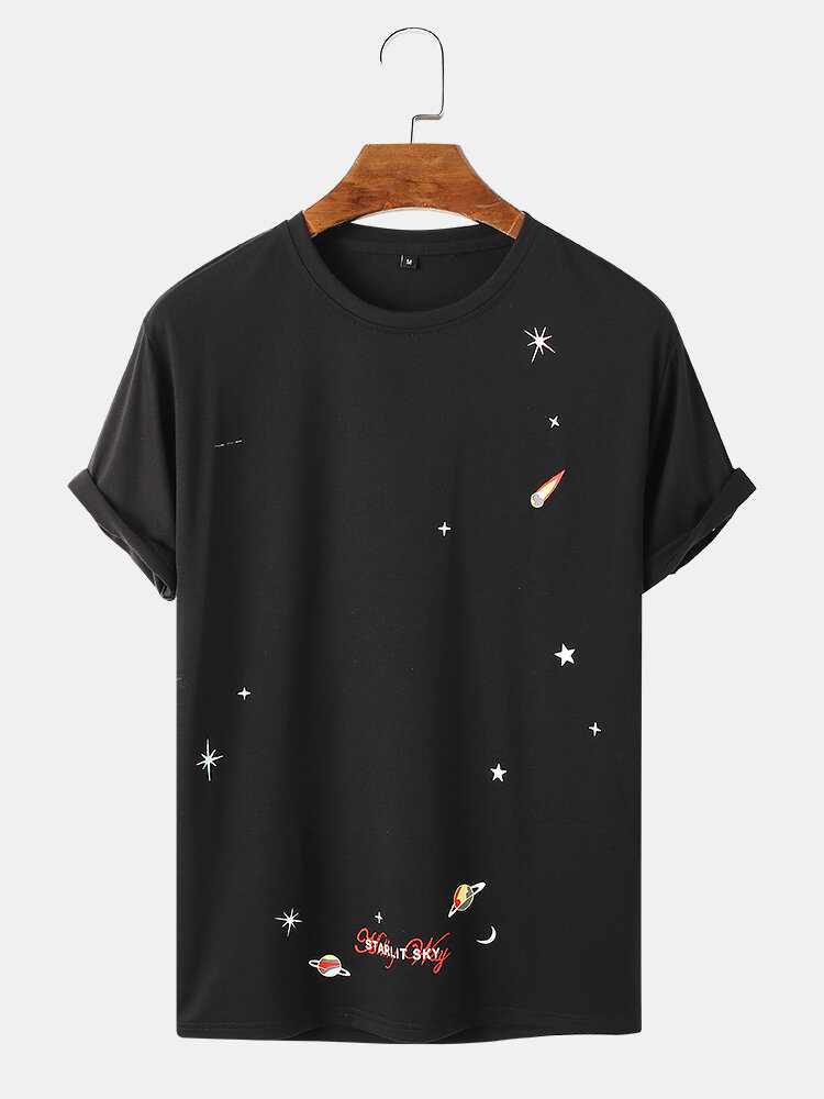 Mens Space Element Print O-Neck 100% Cotton Short Sleeve T-Shirt