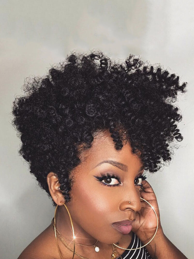 

Natural Black Short Curly Wigs Afro Black Women Fluffy Caterpillar High Temperature Fiber Hair